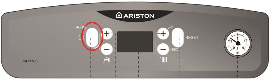 Bedienfeld der Ariston Cares S · Cares Premium, die Modus-Taste rot markiert